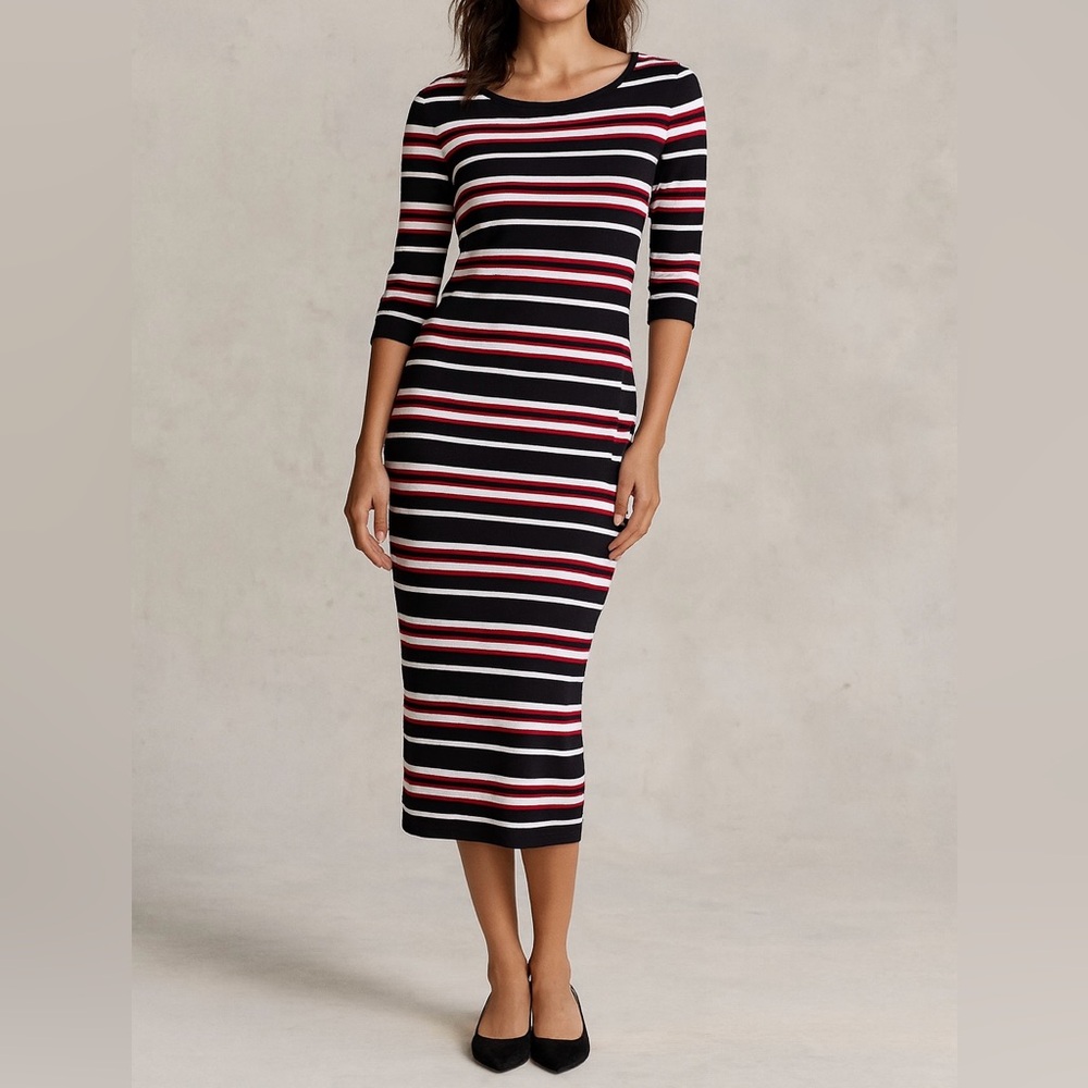 Lauren Ralph Lauren Black, White & Red Striped Midi Dress